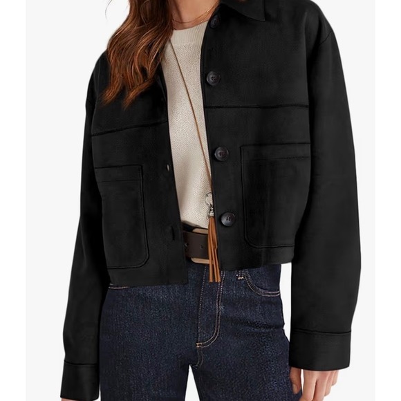 PrettyGarden Jackets & Blazers - PrettyGarden‎ Women Black Faux Suede Cropped Jacket Button Up Shacket Size M NWT